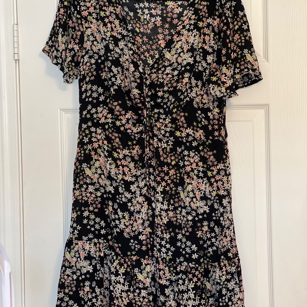 Roxy Floral Black Summer Flow Printed Mid Dress Large Spring Casual - Picture 2 of 4